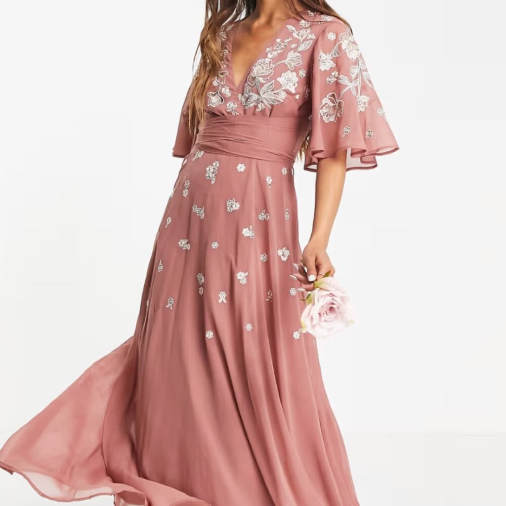NWT - ASOS Pink Bridesmaid flutter sleeve wrap waist maxi dress with embroidery